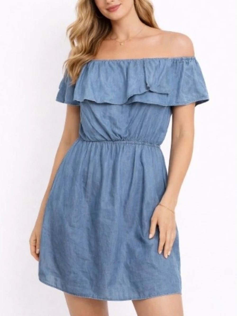 H by Halston Chambray Off-Shoulder Ruffle Dress in Light Blue Like New! S